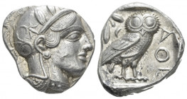 Attica, Athens Tetradrachm After 449, AR 22.00 mm., 17.21 g.
Head of Athena r., wearing Attic helmet decorated with olive leaves and palmette. Rev. O...