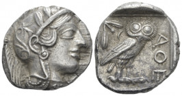 Attica, Athens Tetradrachm After 449, AR 23.00 mm., 17.15 g.
Head of Athena r., wearing Attic helmet decorated with olive leaves and palmette. Rev. O...