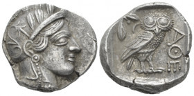 Attica, Athens Tetradrachm After 449, AR 26.00 mm., 17.14 g.
Head of Athena r., wearing Attic helmet decorated with olive leaves and palmette. Rev. O...