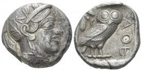 Attica, Athens Tetradrachm after 449, AR 23.00 mm., 17.15 g.
Head of Athena r., wearing Attic helmet decorated with olive leaves and palmette. Rev. O...