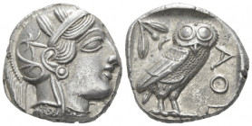 Attica, Athens Tetradrachm After 449, AR 24.00 mm., 17.18 g.
Head of Athena r., wearing Attic helmet decorated with olive wreath and palmettae. Rev. ...