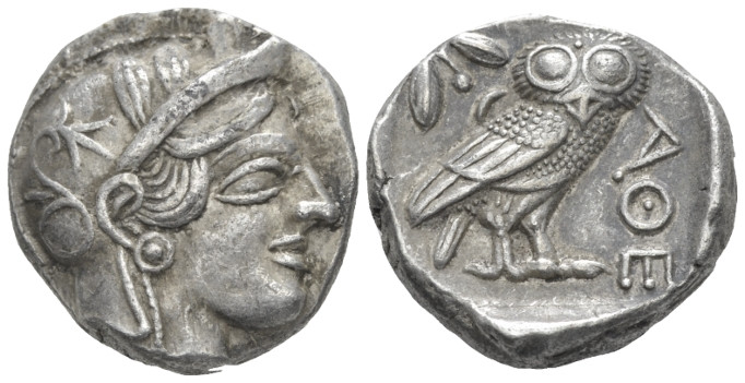 Attica, Athens Tetradrachm after 449, AR 24.00 mm., 17.17 g.
Head of Athena r.,...