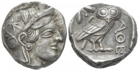 Attica, Athens Tetradrachm after 449, AR 24.00 mm., 17.17 g.
Head of Athena r., wearing Attic helmet decorated with olive leaves and palmette. Rev. O...