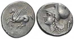 Corinthia, Corinth Stater circa 375-300, AR 20.00 mm., 8.52 g.
 Pegasus flying l. Rev. Helmeted head of Athena l.; flanking neck, Δ-I; behind, statue...