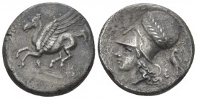Corinthia, Corinth Stater circa 345-300, AR 21.00 mm., 8.06 g.
Pegasus flying l.; below, [koppa]. Rev. Head of Athena l., wearing wreathed Corinthian...