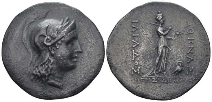 Troas, Ilium Tetradrachm circa 188-133, AR 36.00 mm., 14.84 g.
Head of Athena r...