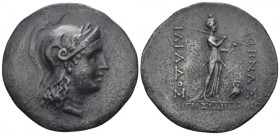 Troas, Ilium Tetradrachm circa 188-133, AR 36.00 mm., 14.84 g.
Head of Athena r., wearing laureate and triple-crested Attic helmet. Rev. Athena Ilias...