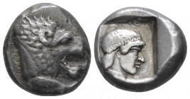 Caria, Cnidus Drachm circa 480, AR 16.00 mm., 6.30 g.
 Forepart of lion r., with open jaws and tongue protruding. Rev. Head of Aphrodite r. von Auloc...