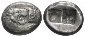 Lydia, time of Croesus and later circa 560-520 Sardis Siglos circa 560-520, AR 16.00 mm., 5.27 g.
Confronted foreparts of lion and bull. Rev. Two inc...