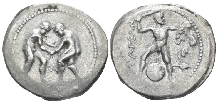 Pisidia, Selge Stater circa 350-325, AR 26.00 mm., 10.34 g.
Two wrestlers grapp...