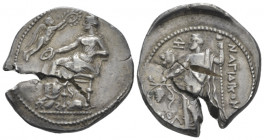 Cilicia, Nagidus Stater circa 375-365, AR 24.00 mm., 9.98 g.
Aphrodite seated l. on throne wearing polos, chiton and peplos, holding a phiale in her ...