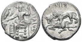 Cilicia, Tarsus Stater circa 361-344, AR 23.00 mm., 11.05 g.
Baaltars seated l., holding bunch of grapes, barley ear and eagle in r. hand and sceptre...