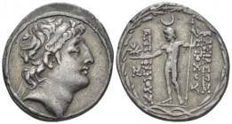The Seleucid Kings, Antiochus VIII, 121-96 Ake Tetradrachm circa 121-96, AR 30.00 mm., 16.58 g.
Diademed head r. Rev. Zeus standing l., surmounted by...