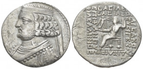 Parthia, Orodes II, 57-38. Seleukeia on the Tigris Tetradrachm circa 57-38, AR 29.50 mm., 14.02 g.
Diademed bust l., neck torque ends in sea horse. R...