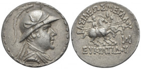 Bactria, Eucratides I, circa 171 – 145 Balkh Tetradrachm circa 171-145, AR 30.00 mm., 16.90 g.
Draped bust of Eucratides r., wearing horned helmet; a...