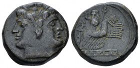 Quadrigatus circa 225-214, AR 18.50 mm., 5.39 g.
Laureate Janiform head of Dioscuri. Rev. Jupiter, holding sceptre and hurling thunderbolt, in fast q...