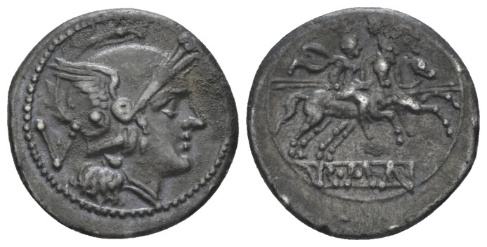 Quinarius circa 214-213, AR 16.00 mm., 2.19 g.
Helmeted head of Roma r.; behind...