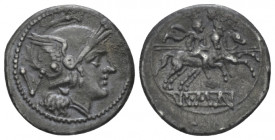 Quinarius circa 214-213, AR 16.00 mm., 2.19 g.
Helmeted head of Roma r.; behind, V. Rev. The Dioscuri galloping r.; in exergue, ROMA in linear frame....