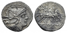 Sestertius circa 214-213, AR 12.40 mm., 0.92 g.
Helmeted head of Roma r.; behind, IIS. Rev. The Dioscuri galloping r.; below, ROMA in linear frame. S...