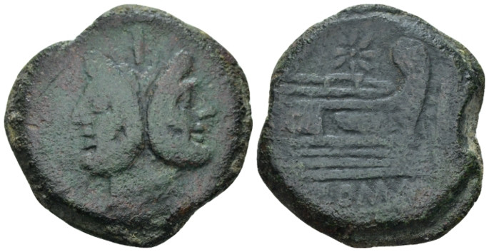 Star (first) series As circa 206-195, Æ 32.40 mm., 24.46 g.
Laureate head of Ja...