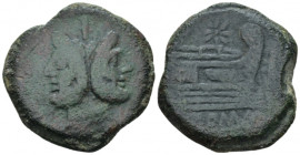 Star (first) series As circa 206-195, Æ 32.40 mm., 24.46 g.
Laureate head of Janus r.; above, mark of value. Rev. Prow r.; above, eight-rayed star, b...