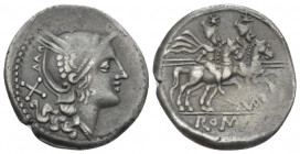 A. Terentius Varro. Denarius uncertain mint circa 206-200, AR 19.20 mm., 3.91 g.
Helmeted head of Roma r.; behind, X. Rev. The Dioscuri galloping r.;...