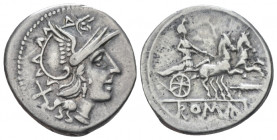 Feather series Denarius circa 179-170, AR 20.00 mm., 3.24 g.
Helmeted head of Roma r.; behind, X. Rev. Luna in prancing biga r.; below, feather and R...