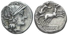 Denarius circa 157-156, AR 16.50 mm., 3.60 g.
Helmeted head of Roma r.; behind X. Rev. Victory in prancing biga r.; below, ROMA in partial tablet. Sy...