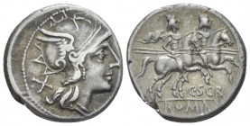 C. Scribonius. Denarius circa 154, AR 18.50 mm., 4.17 g.
Helmeted head of Roma r.; behind, X. Rev. The Dioscuri galloping r.; below, C·SCR and ROMA i...