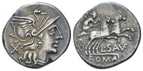 L. Saufeius. Denarius circa 152, AR 18.50 mm., 3.36 g.
Helmeted head of Roma r.; behind, X. Rev. Victory in prancing r.; below, L·SAVF and in exergue...