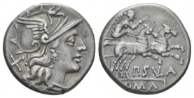 P. Cornelius Sulla. Denarius circa 151, AR 16.80 mm., 3.58 g.
Helmeted head of Roma r.; behind, X. Rev. Victory in prancing biga r.; below, P·SVLA an...