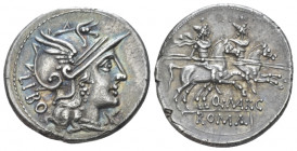 Q. Marcius Libo. Denarius circa 148, AR 20.50 mm., 4.02 g.
Helmeted head of Roma r., behind, LIBO and below chin, X. Rev. The Dioscuri galloping r.; ...