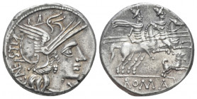 C. Antesti. Denarius circa 146, AR 18.50 mm., 3.99 g.
Helmeted head of Roma r.; behind, C·ANTESTI upwards and below chin, X. Rev. The Dioscuri gallop...