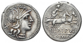 A. Spurius or A. Spurilius. Denarius circa 139, AR 18.00 mm., 3.92 g.
Helmeted head of Roma r.; behind, X. Rev. Luna in fast biga r.; below, A·SPVRI ...