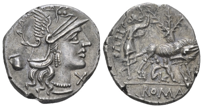 Sex. Pompeius. Denarius circa 137, AR 19.00 mm., 3.98 g.
Helmeted head of Roma ...