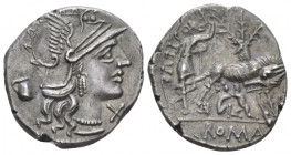 Sex. Pompeius. Denarius circa 137, AR 19.00 mm., 3.98 g.
Helmeted head of Roma r.; below chin, X. In l. field, jug. Rev. SEX.PO FOSTLVS She-wolf suck...
