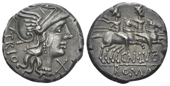 Cn. Lucretius Trio. Denarius circa 136, AR 18.50 mm., 3.88 g.
Helmeted head of ...