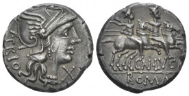 Cn. Lucretius Trio. Denarius circa 136, AR 18.50 mm., 3.88 g.
Helmeted head of Roma r.; below chin, X and behind, TRIO. Rev. The Dioscuri galloping r...
