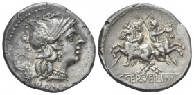 C. Servilius M. f. Denarius circa 136, AR 20.50 mm., 3.85 g.
Helmeted head of Roma r.; behind, wreath and . Below, ROMA. Rev. The Dioscuri galloping...