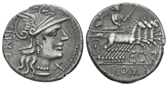 C. Curatius f. Tregeminus. Denarius circa 135, AR 18.60 mm., 3.77 g.
Helmeted h...