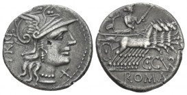 C. Curatius f. Tregeminus. Denarius circa 135, AR 18.60 mm., 3.77 g.
Helmeted head of Roma r.; below chin, X. Behind, TRIG. Rev. Juno in quadriga r.,...