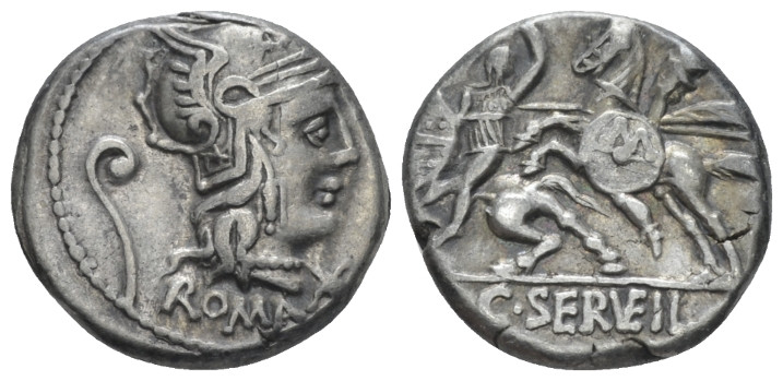 C. Servilius Vatia. Denarius circa 127, AR 17.40 mm., 3.92 g.
Helmeted head of ...