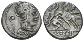 C. Servilius Vatia. Denarius circa 127, AR 17.40 mm., 3.92 g.
Helmeted head of Roma r.; below chin, *. Behind, lituus and below, ROMA. Rev. Battle on...