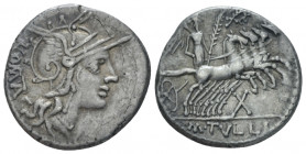 M. Tullius. Denarius circa 121, AR 19.90 mm., 4.00 g.
Helmeted head of Roma r.; behind, ROMA. Rev. Victory in prancing quadriga r., holding palm bran...