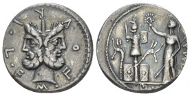 M. Furius L.f. Philus. Denarius circa 121, AR 18.50 mm., 3.75 g.
MFOVRILF Laureate head of Janus. Rev. Roma standing l., wearing Corinthian helmet an...