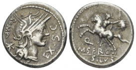 M. Sergius Silus. Denarius 116 or 115, AR 18.00 mm., 3.99 g.
Helmeted head of Roma r.; behind, ROMA * and before, EX·S·C. Rev. Horseman l., holding s...