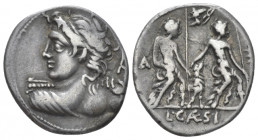 L.Caesius Denarius 112 or 111, AR 19.10 mm., 3.90 g.
Bust of Apollo l. seen from behind, holding thunderbolt in upraised r. hand; in r. field, ROMA i...