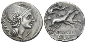 L. Flaminius Chilo. Denarius 109 or 108, AR 18.70 mm., 3.87 g.
Helmeted head of Roma r.; behind, ROMA and below chin, X. Rev. Victory in prancing big...