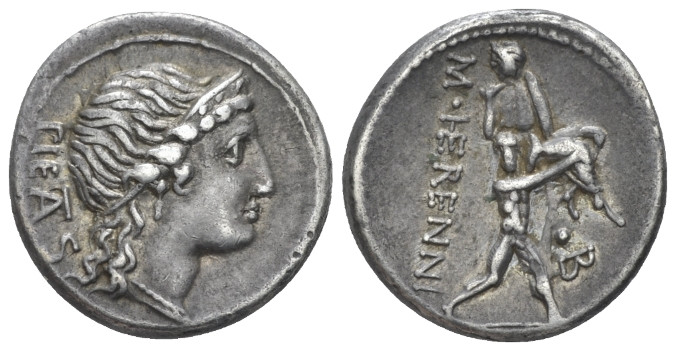 M. Herennius. Denarius circa 108 or 107, AR 18.50 mm., 3.94 g.
PIETAS Diademed ...