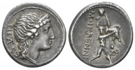 M. Herennius. Denarius circa 108 or 107, AR 18.50 mm., 3.94 g.
PIETAS Diademed head of Pietas r. Rev. M·HERENNI One of the Catanean brothers running ...